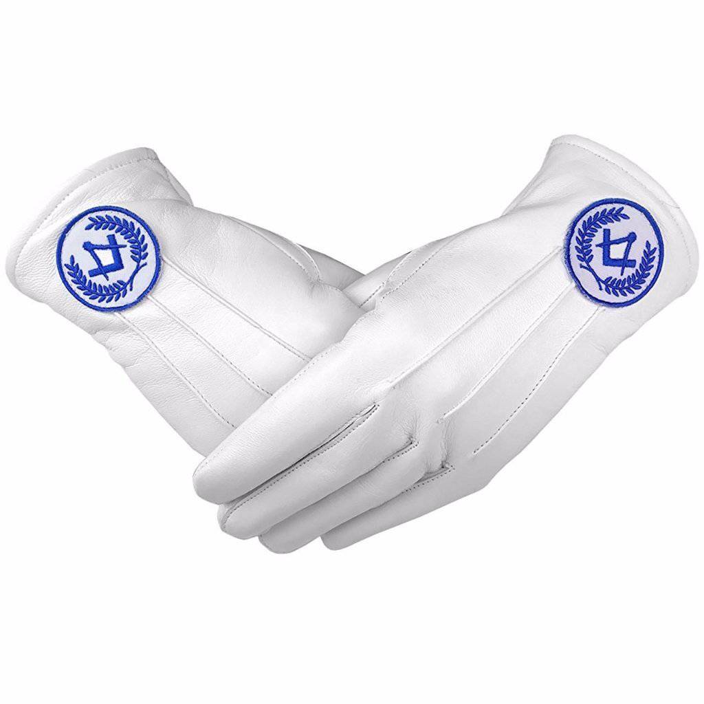 Master Mason Blue Lodge Gloves - White Leather with Blue Square & Compass - Bricks Masons