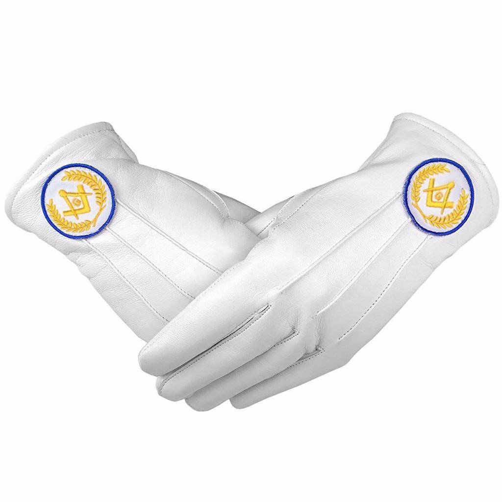 Master Mason Blue Lodge Gloves - White Leather with Yellow and Blue Square & Compass G - Bricks Masons