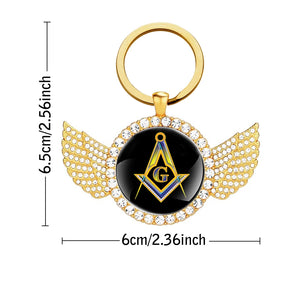 Master Mason Blue Lodge Keychain - Glass Cabochon With Wings - Bricks Masons