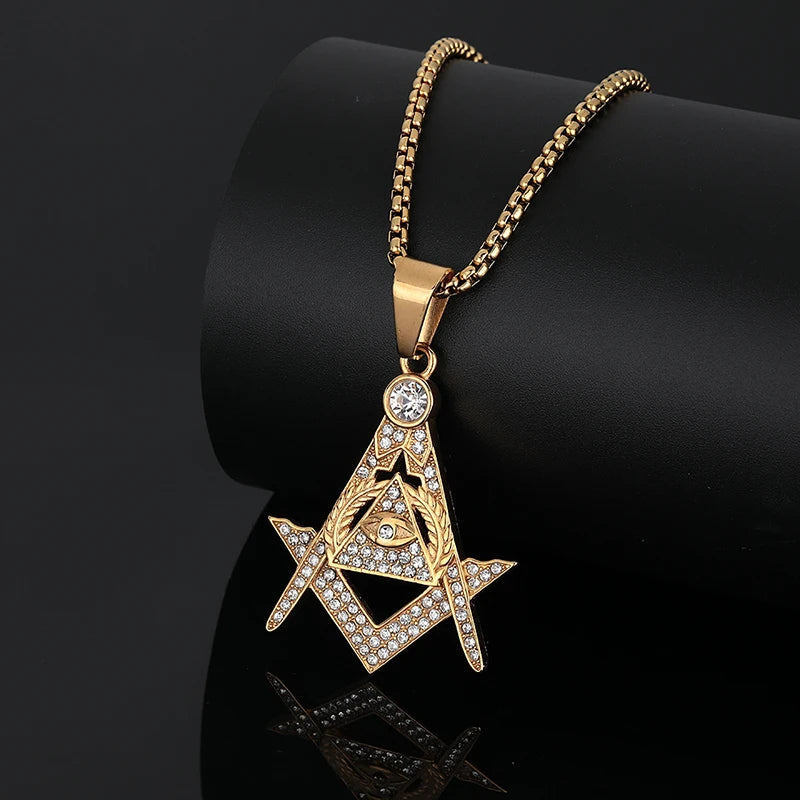Master Mason Blue Lodge Necklace - Bling Iced Out Gold Color Stainless Steel - Bricks Masons