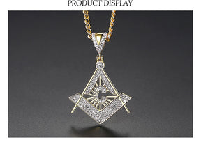 Master Mason Blue Lodge Necklace - Gold & White Copper Zircon With Rhinestones - Bricks Masons