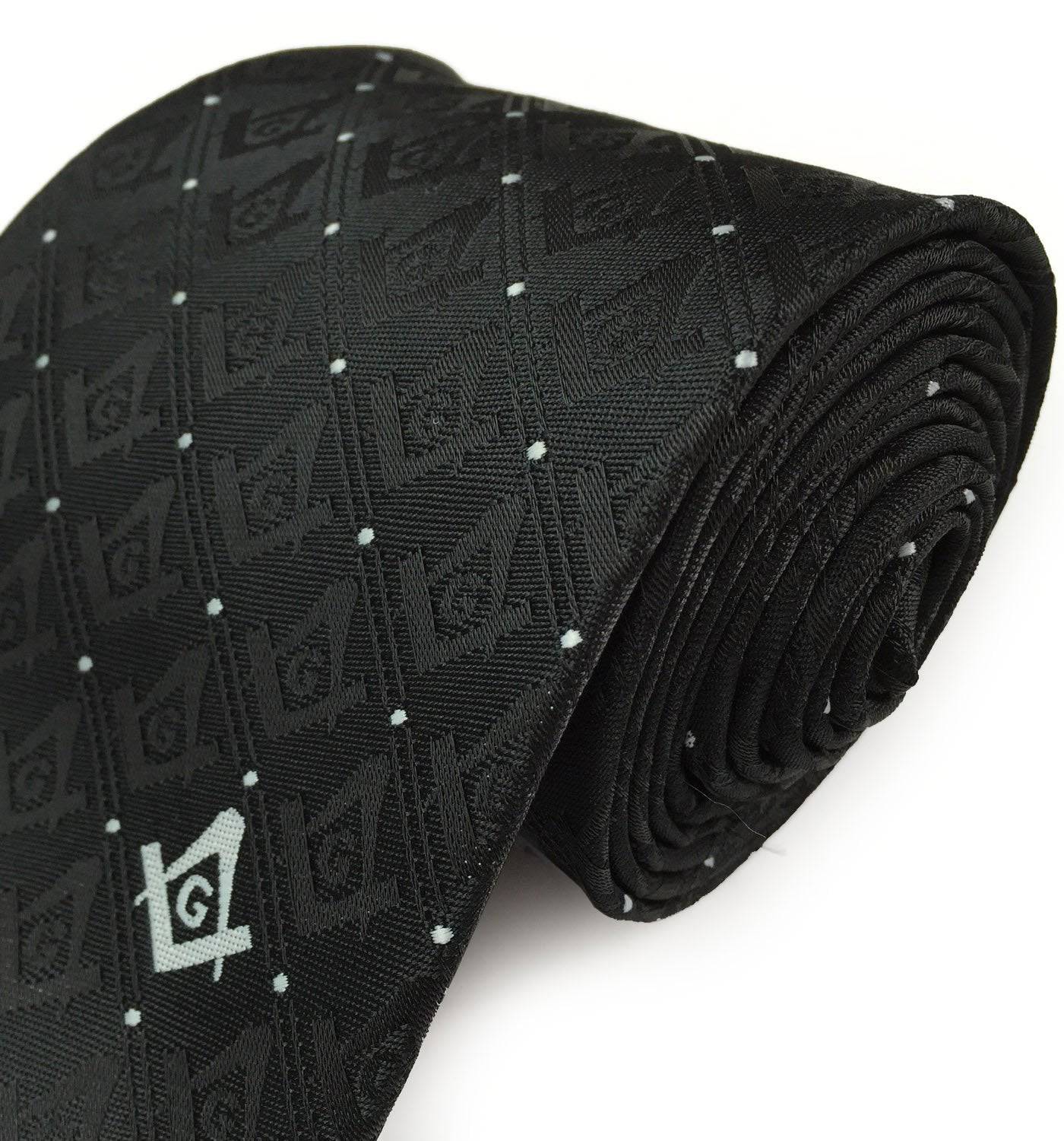 Master Mason Blue Lodge Necktie - Black with Polkadot Square & Compass G - Bricks Masons