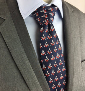 Master Mason Blue Lodge Necktie - Blue & Navy Silk Square & Compass G - Bricks Masons