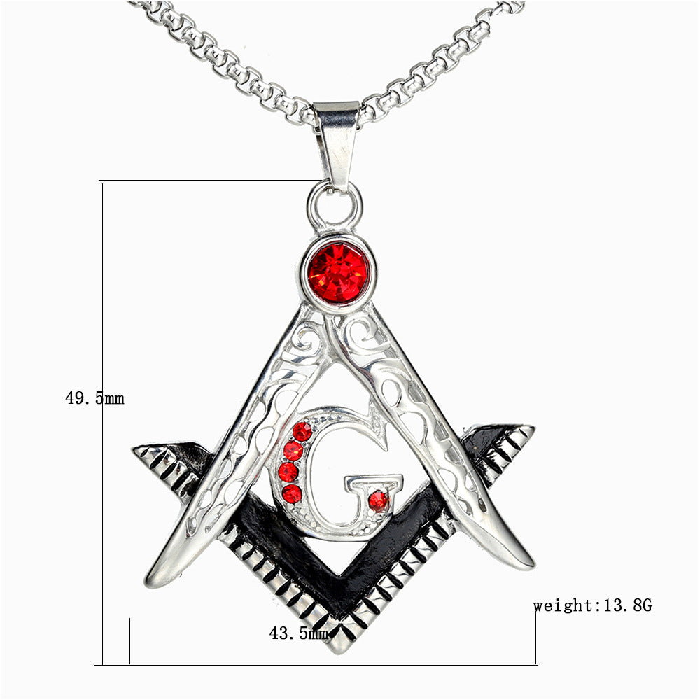 Master Mason Blue Lodge Pendant - Silver Stainless Steel Red Gemstone Square & Compass G - Bricks Masons