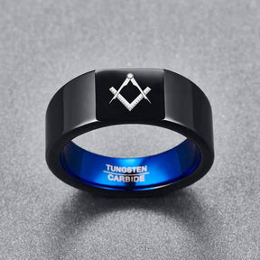 Master Mason Blue Lodge Ring - Black & Blue Tungsten Personalizable - Bricks Masons