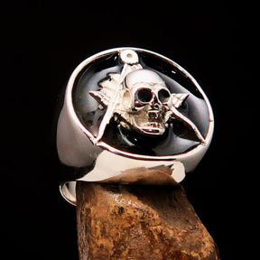 Master Mason Blue Lodge Ring - Black Sterling Silver With Skull Square and Compass - Bricks Masons