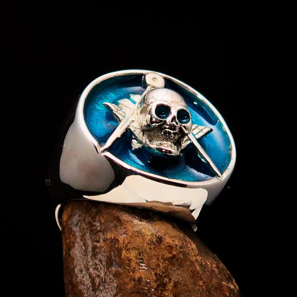 Master Mason Blue Lodge Ring - Blue Sterling Silver With Skull Square and Compass - Bricks Masons