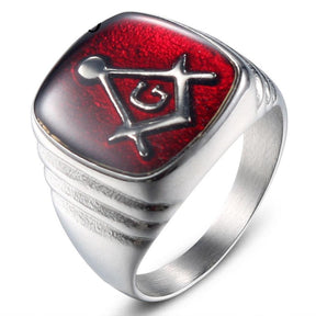 Master Mason Blue Lodge Ring - Casted Square & Compass G Red Stainless Steel - Bricks Masons