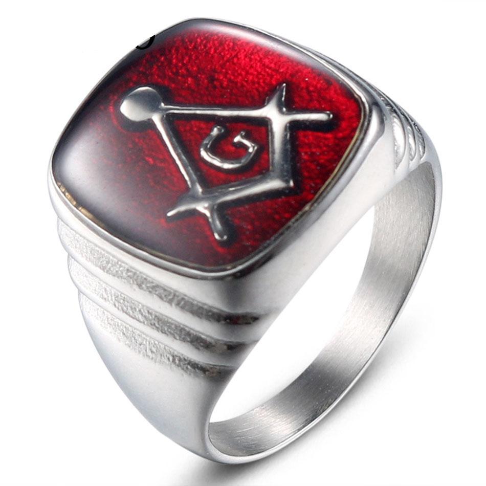Master Mason Blue Lodge Ring - Casted Square & Compass G Red Stainless Steel - Bricks Masons