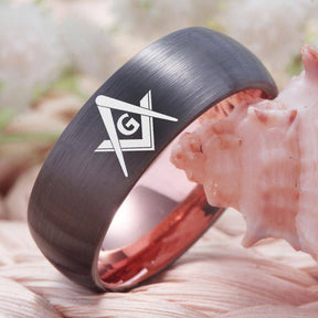 Master Mason Blue Lodge Ring - Gunmetal With Rose Gold Tungsten Personalizable - Bricks Masons