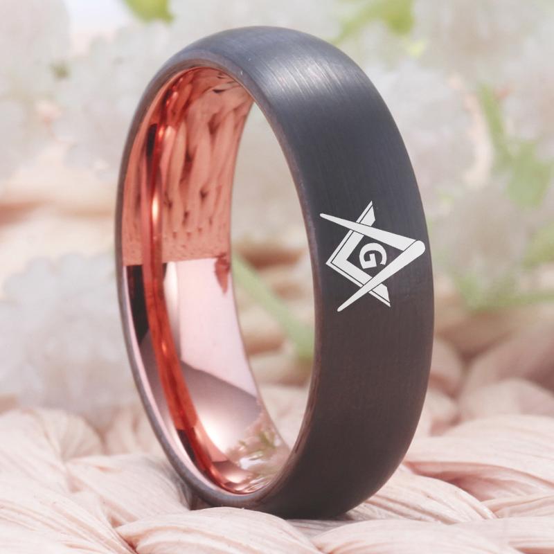 Master Mason Blue Lodge Ring - Gunmetal With Rose Gold Tungsten Personalizable - Bricks Masons