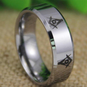 Master Mason Blue Lodge Ring - Silver Bevel Tungsten Personalizable - Bricks Masons