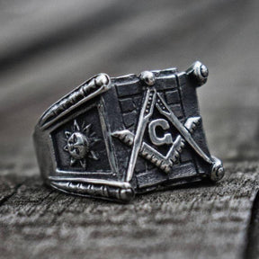Master Mason Blue Lodge Ring - Square & Compass G/Sun and Moon Stainless Steel - Bricks Masons