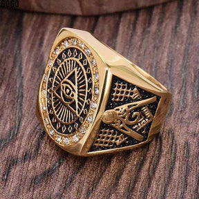 Master Mason Blue Lodge Ring - with Pyramid Crystal Gold Color - Bricks Masons