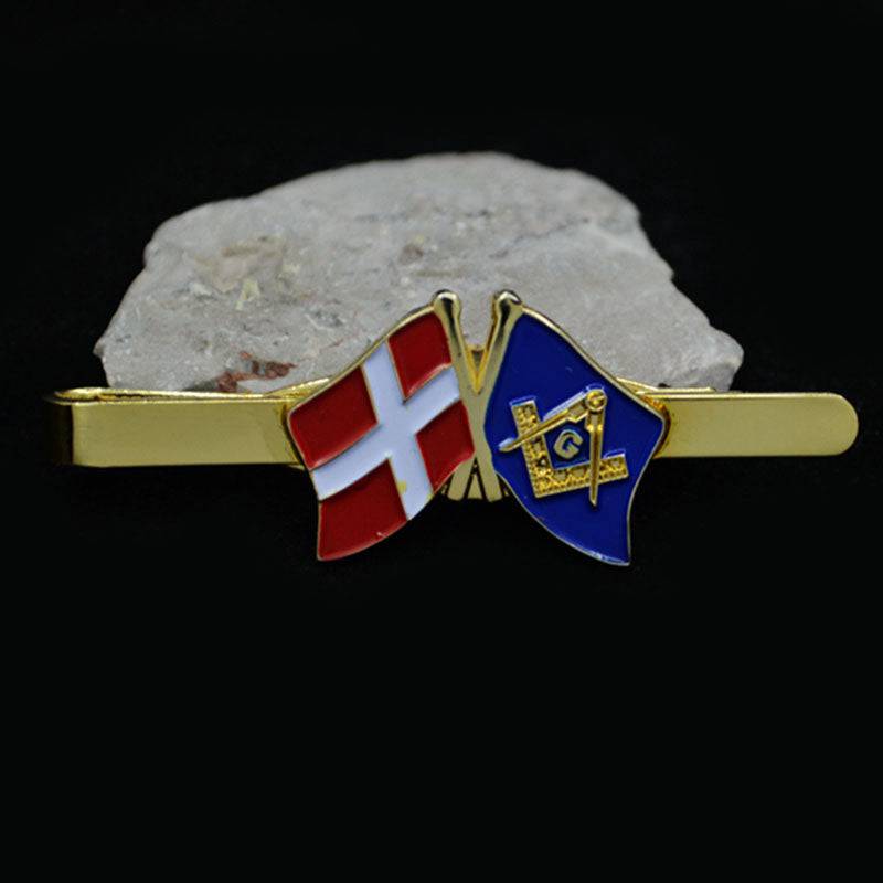 Master Mason Blue Lodge Tie Bar - Square and Compass G With Danish Flag - Bricks Masons