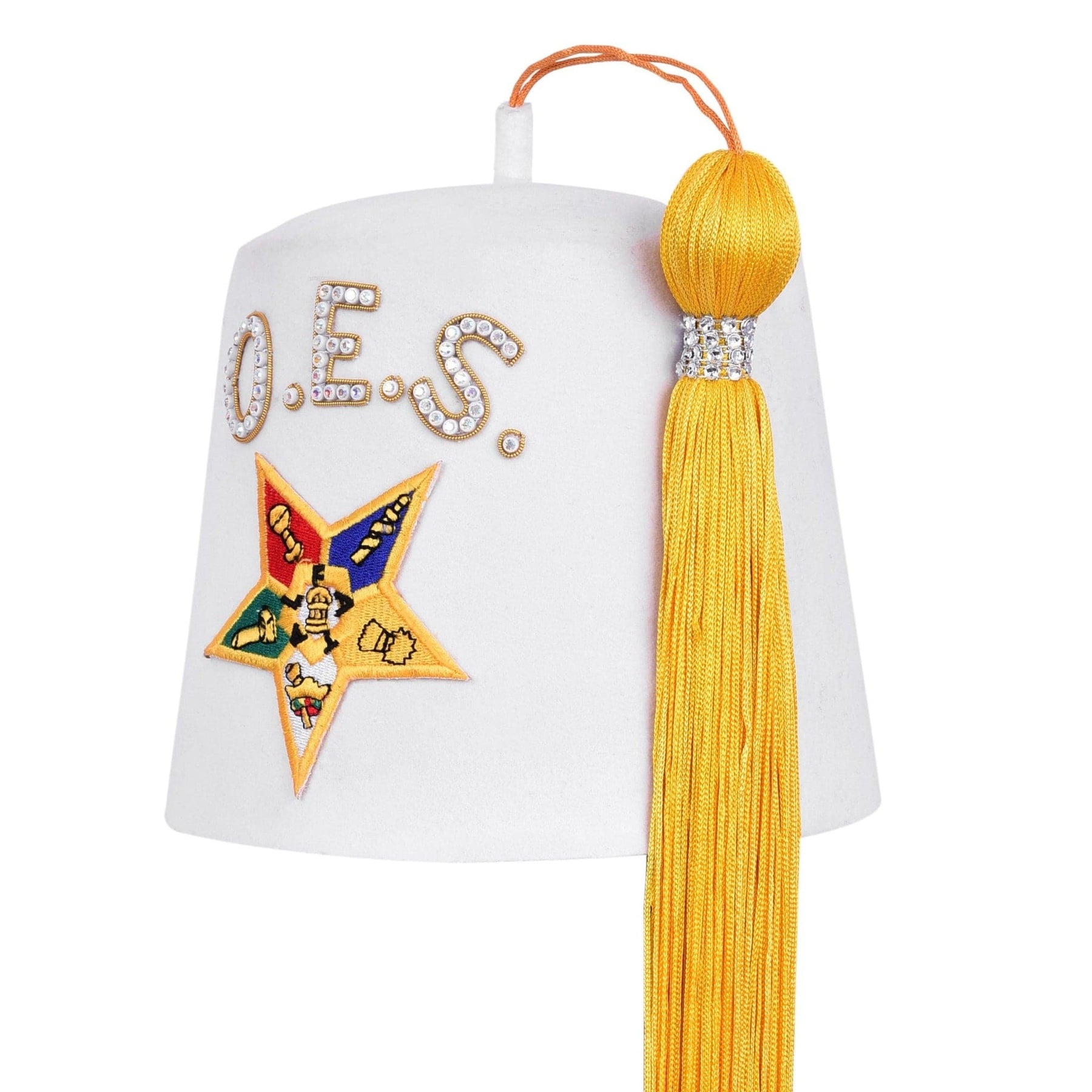 OES Fez Hat - Pure White With Yellow Tassel - Bricks Masons