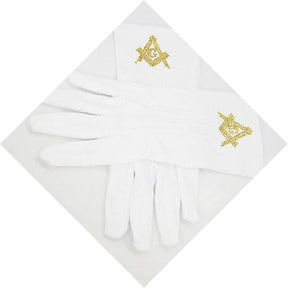 Master Mason Blue Lodge Gloves - Polyester With Square and Compass G Rhinestone