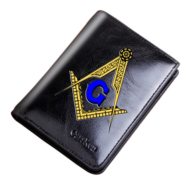 Master Mason Blue Lodge Wallet - Genuine Leather Passport & Credit Card Holder (Black/Coffee)