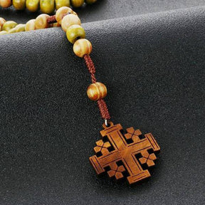 Knights Templar Commandery Necklace - Wooden Rosary Beaded Jerusalem Cross