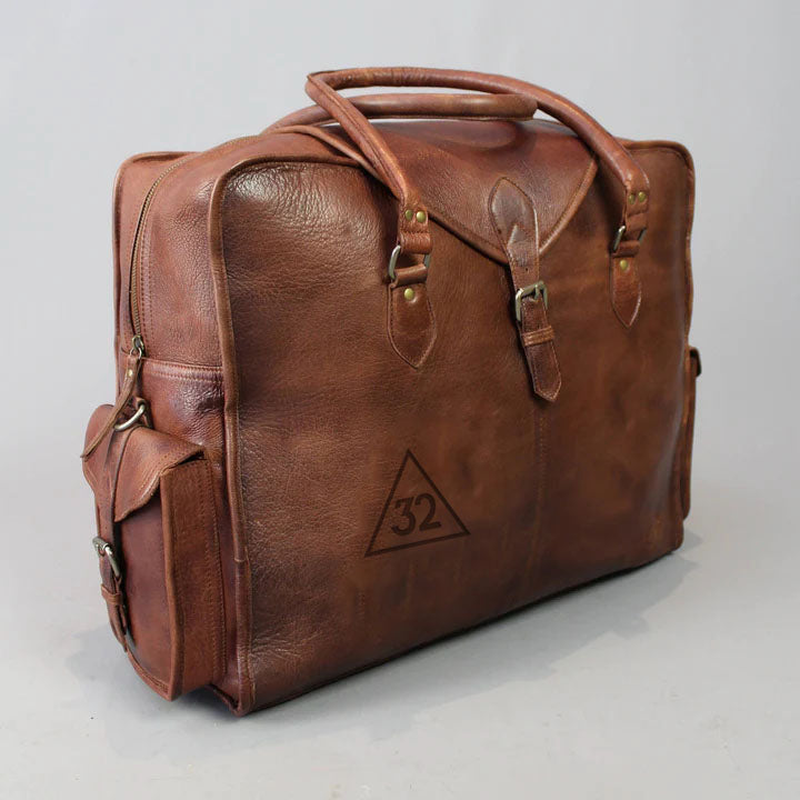 32nd Degree Scottish Rite Travel Bag - Genuine Brown Leather - Bricks Masons