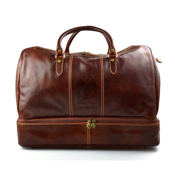 32nd Degree Scottish Rite Travel Bag - Wings Down Genuine Light Brown Leather - Bricks Masons