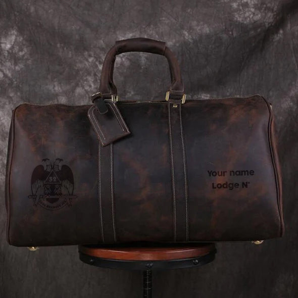 32nd Degree Scottish Rite Travel Bag - Wings Down Genuine Vintage Leather - Bricks Masons