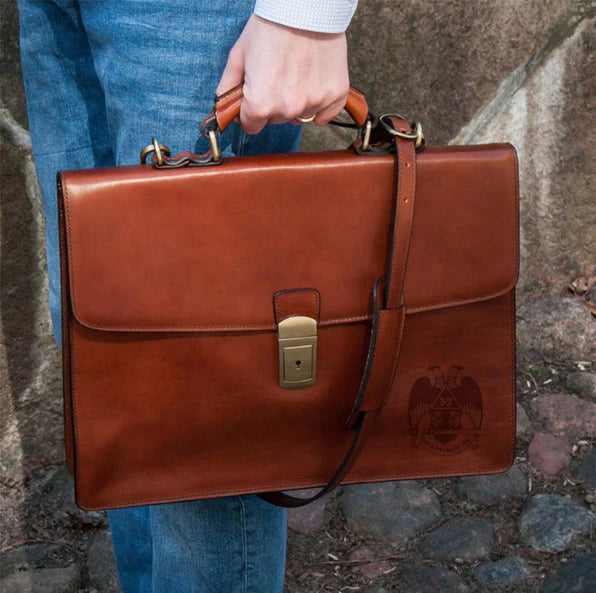 32nd Degree Scottish Rite Briefcase - Wings Down Brown Leather - Bricks Masons