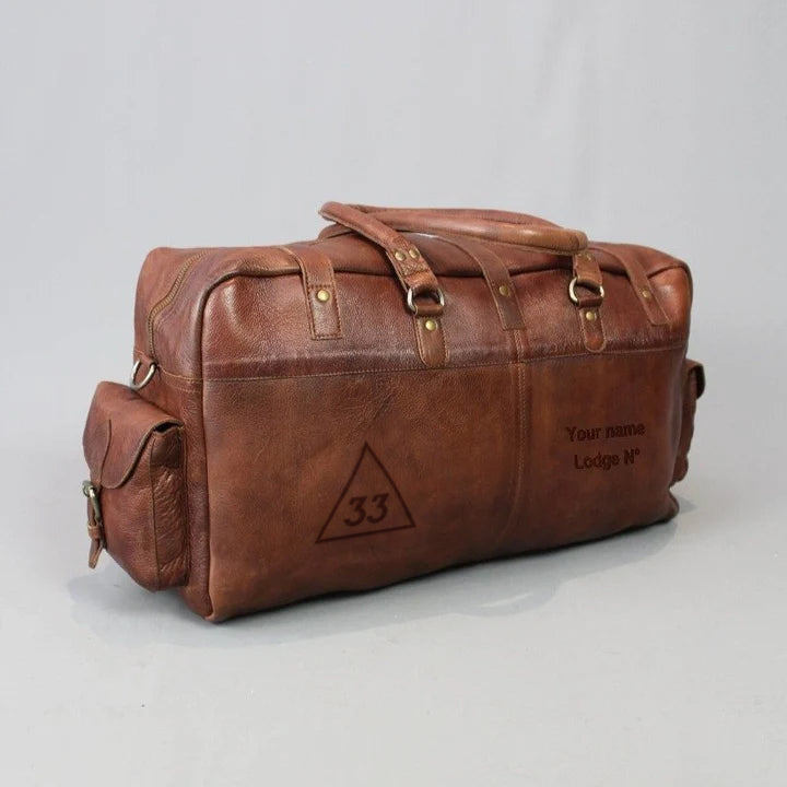 33rd Degree Scottish Rite Travel Bag - Conker Brown Leather - Bricks Masons