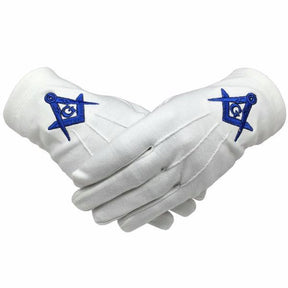 Master Mason Blue Lodge Glove - White Cotton Machine Embroidery - Bricks Masons