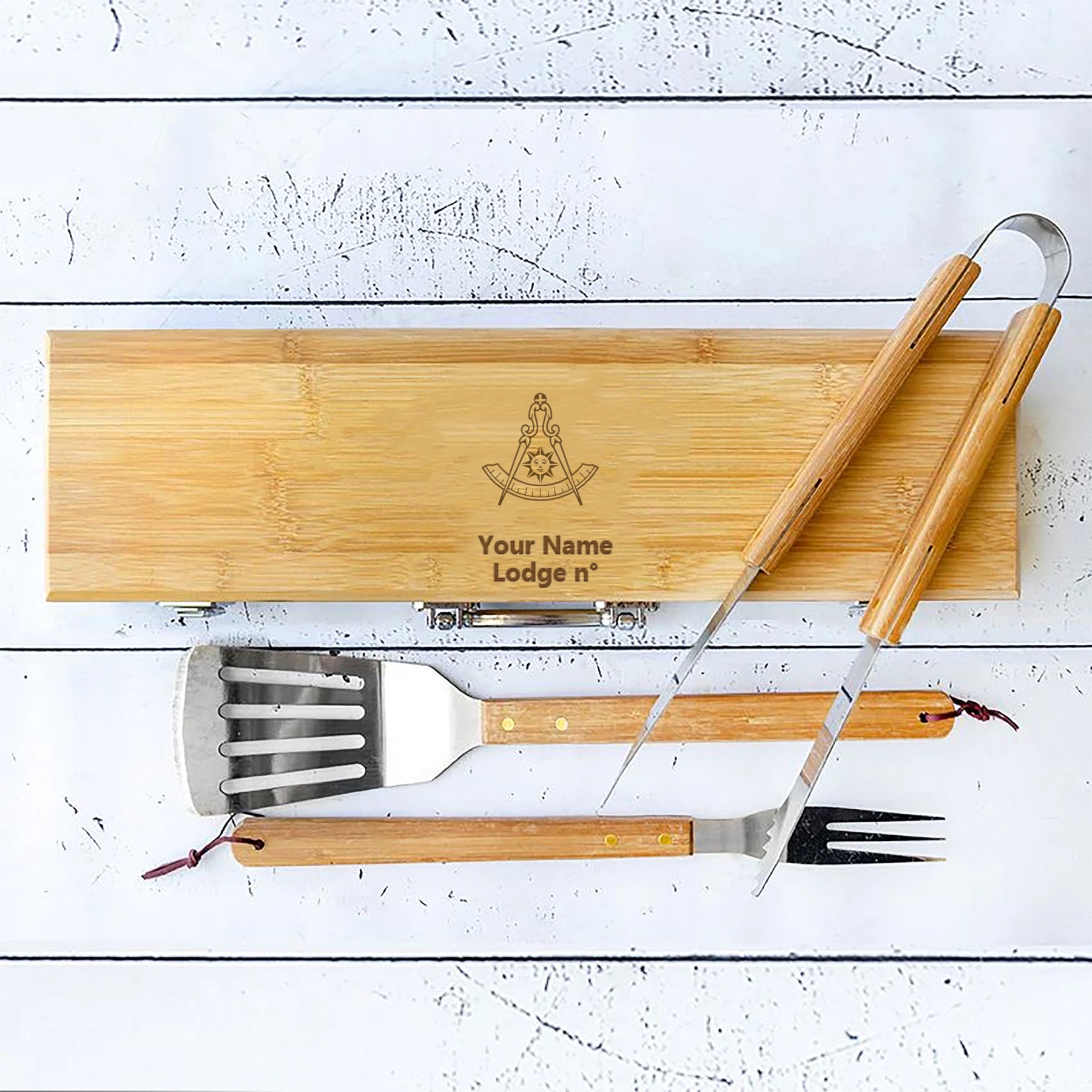 Past Master Blue Lodge California Regulation Grill Tool - BBQ Set & Bamboo Case - Bricks Masons