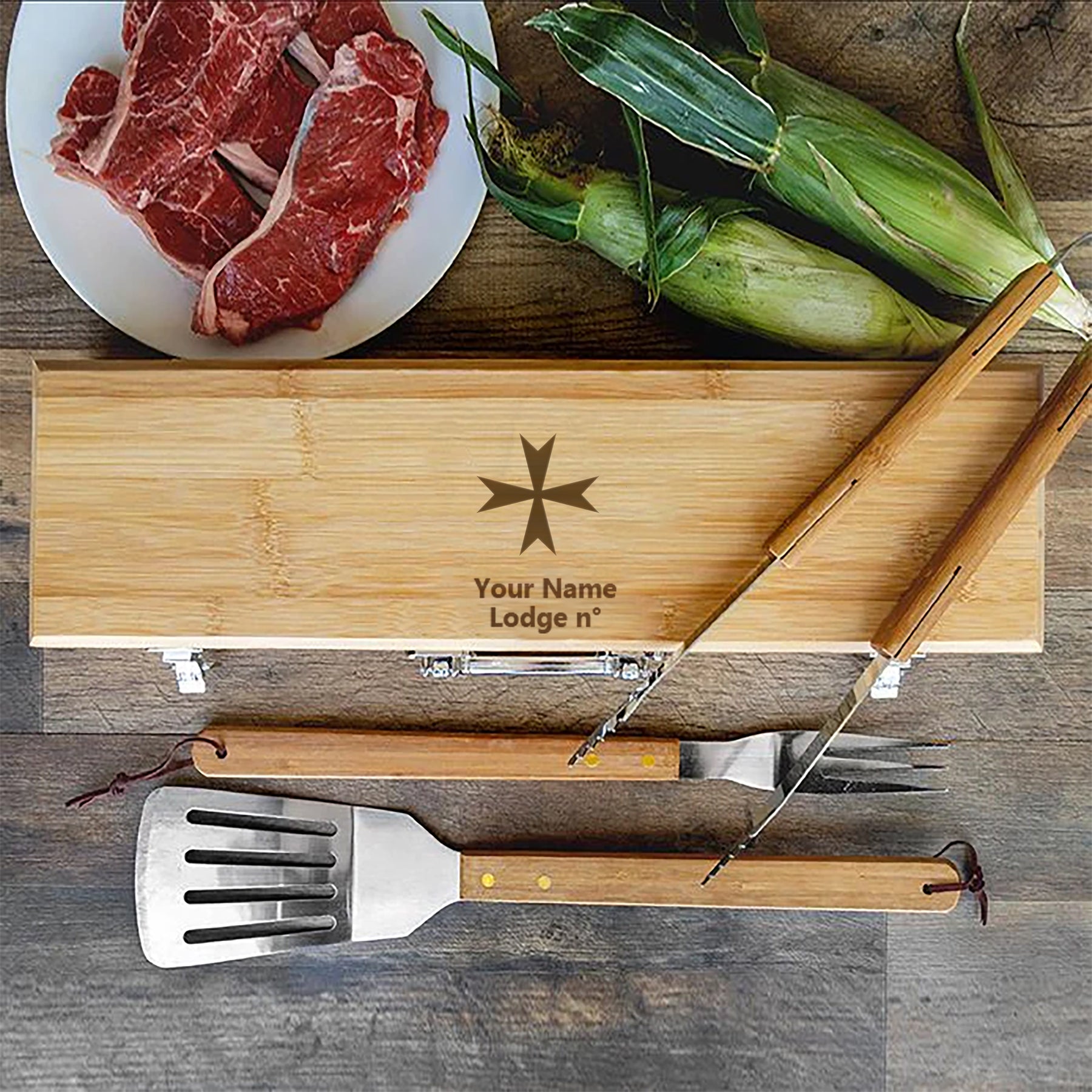 Order of Malta Grill Tool - BBQ Set & Bamboo Case - Bricks Masons