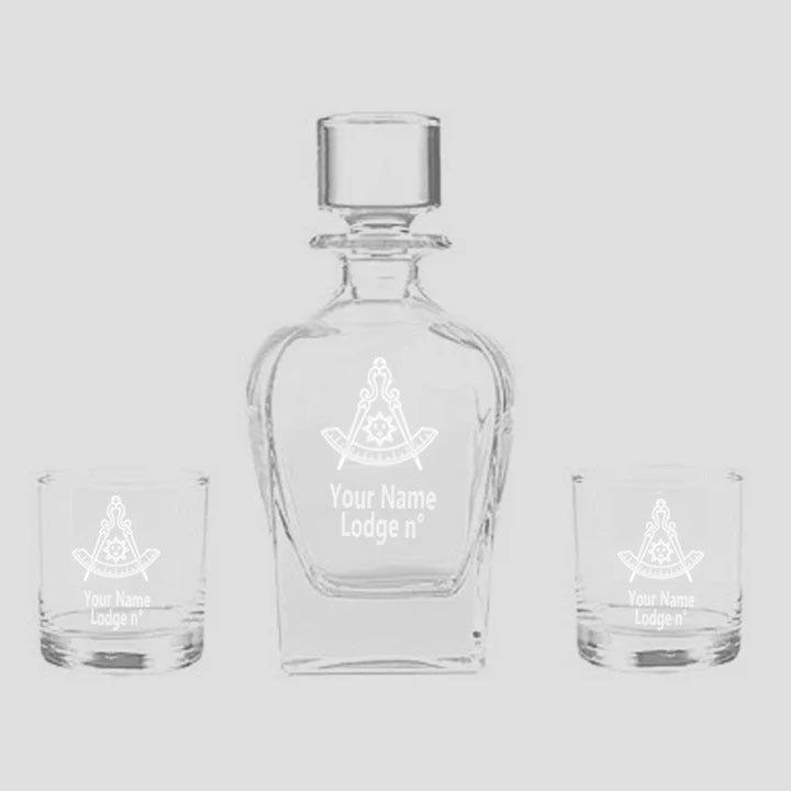 Past Master Blue Lodge California Regulation Decanter - Stopper & 2 Tumbler Glasses Set - Bricks Masons