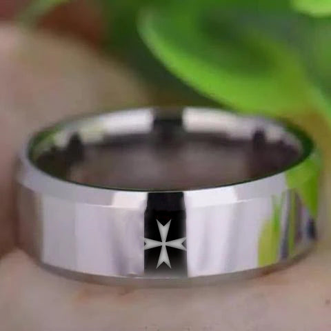 Order of Malta Commandery Ring - Silver Beveled Tungsten - Bricks Masons