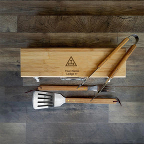 Royal Arch Chapter Grill Tool - BBQ Set & Bamboo Case - Bricks Masons