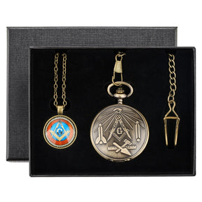 Master Mason Blue Lodge Pocket Watch - Antique Square & Compass G Quartz - Bricks Masons