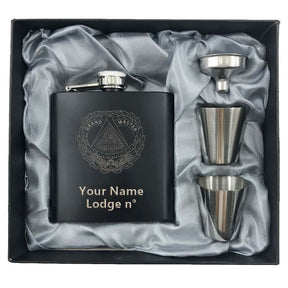 Grand Master Blue Lodge Flask - 2 Shot Glasses & Funnel - Bricks Masons