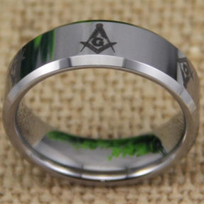 Silver Bevel Freemason Masonic Tungsten Ring Free Engraving - Bricks Masons