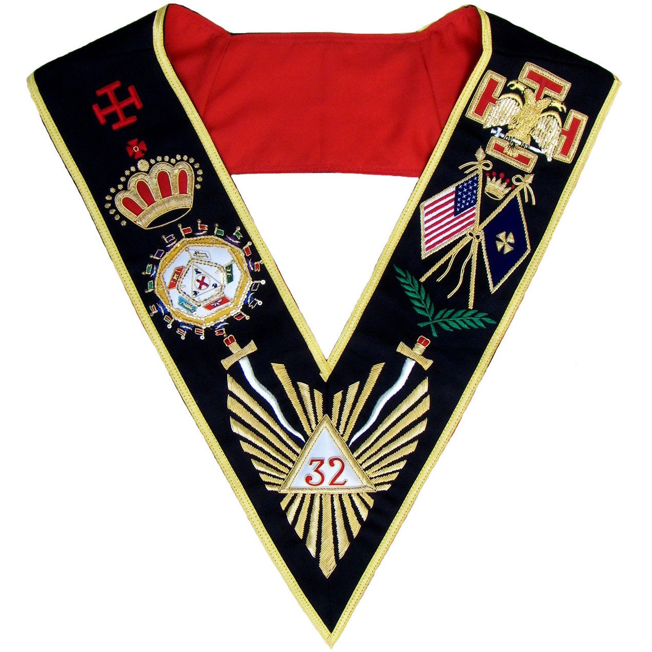 32nd Degree Scottish Rite Collar - Black Moire Gold Braid - Bricks Masons